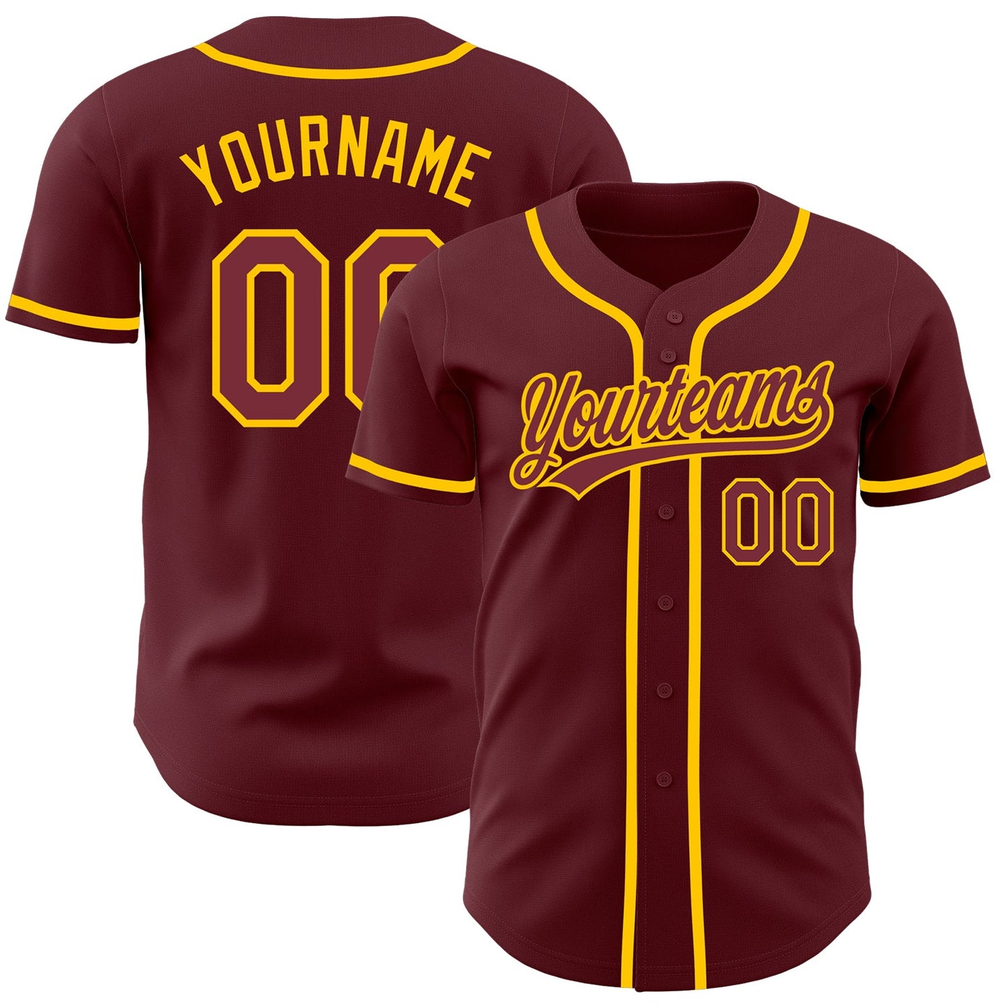 Custom Burgundy Yellow Authentic Baseball Jersey - Main View