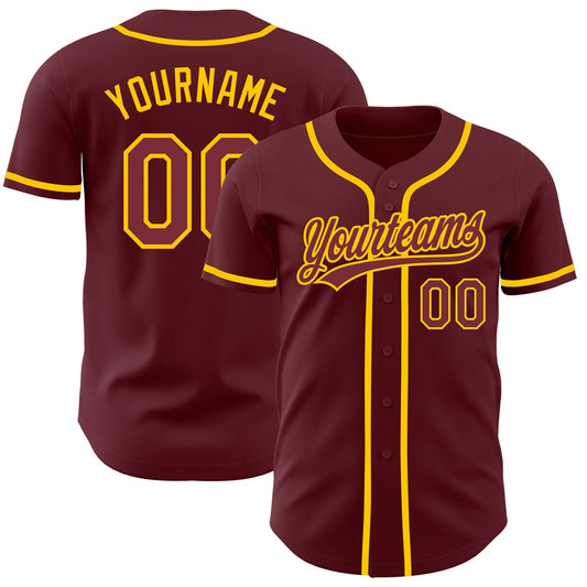 Custom Burgundy Yellow Authentic Baseball Jersey - Main View