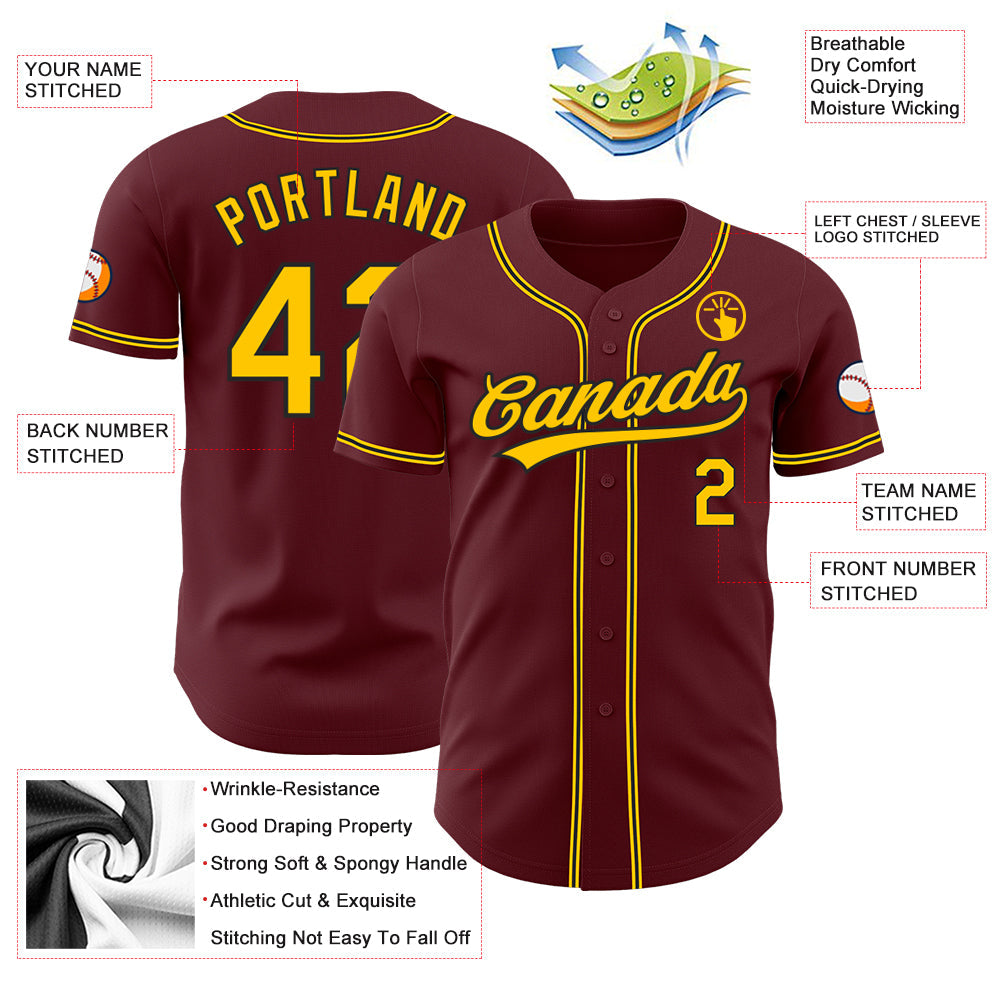 Custom Burgundy Yellow-Black Authentic Baseball Jersey view 3