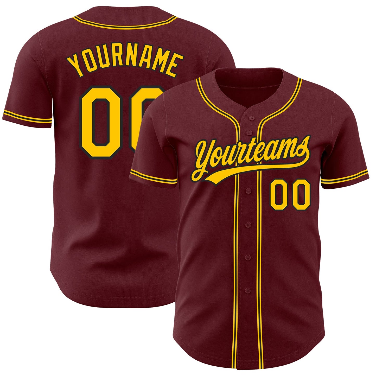 Custom Burgundy Yellow-Black Authentic Baseball Jersey - Main View