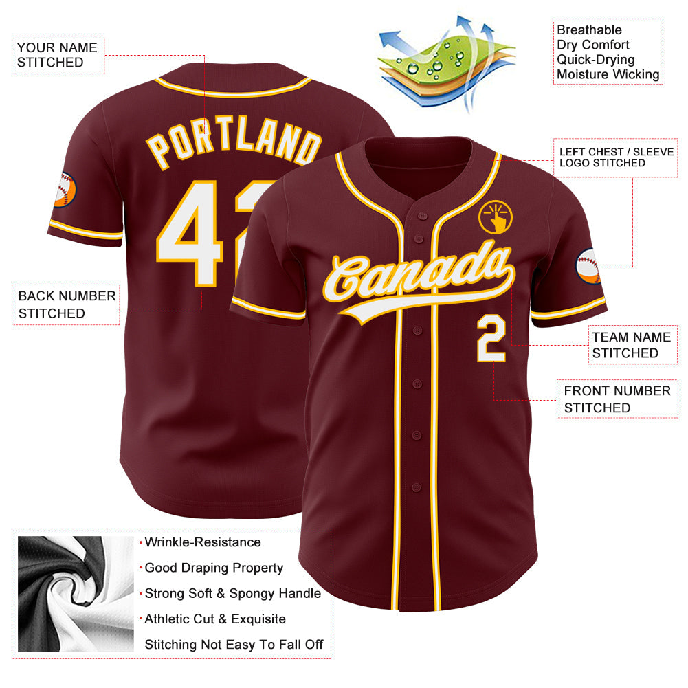 Custom Burgundy White-Gold Authentic Baseball Jersey view 3