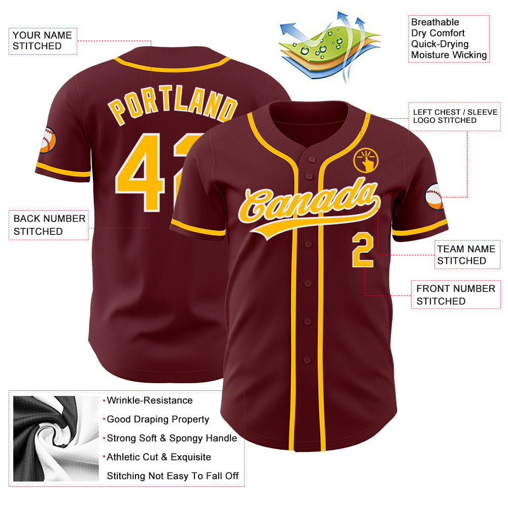 Custom Burgundy Gold-White Authentic Baseball Jersey view 3