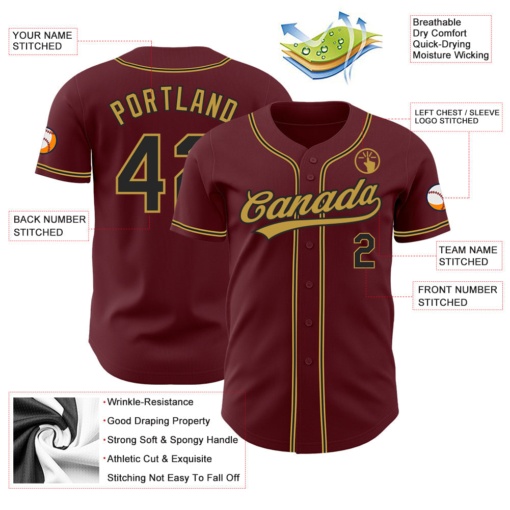Custom Burgundy Black-Old Gold Authentic Baseball Jersey view 3