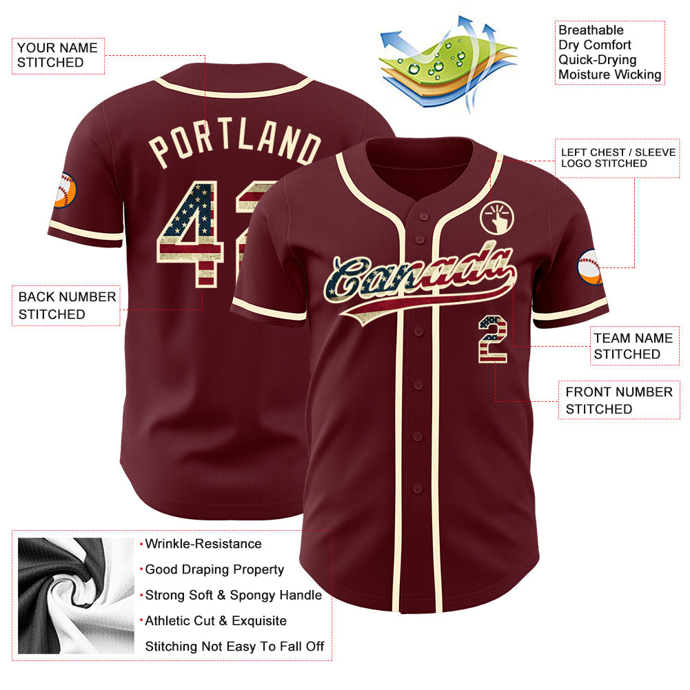 Custom Burgundy Vintage USA Flag-Cream Authentic Baseball Jersey view 3