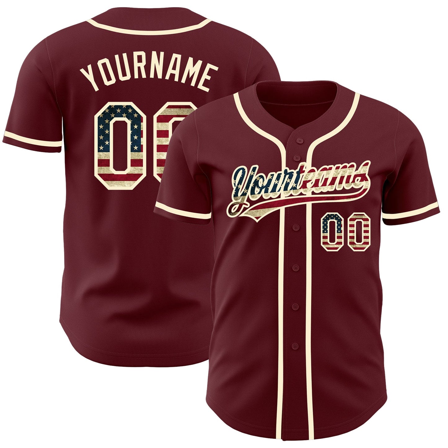 Custom Burgundy Vintage USA Flag-Cream Authentic Baseball Jersey - Main View