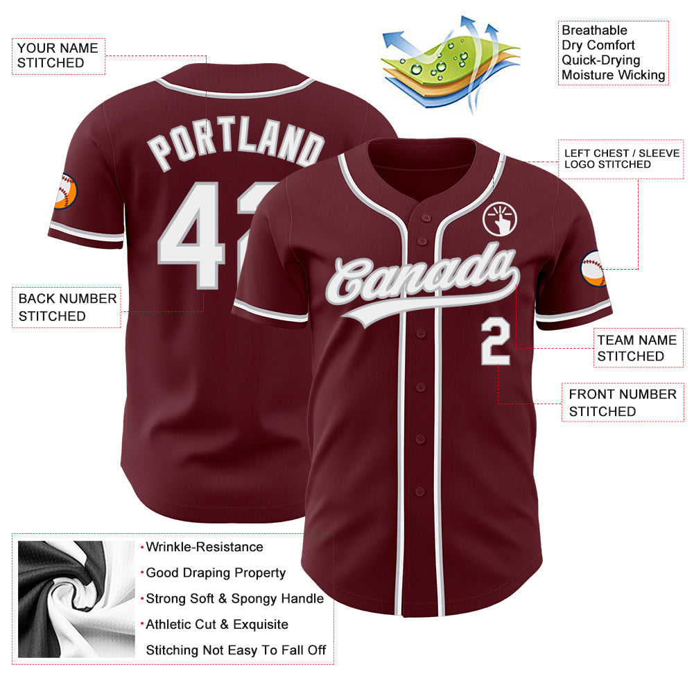 Custom Burgundy White-Gray Authentic Baseball Jersey view 4