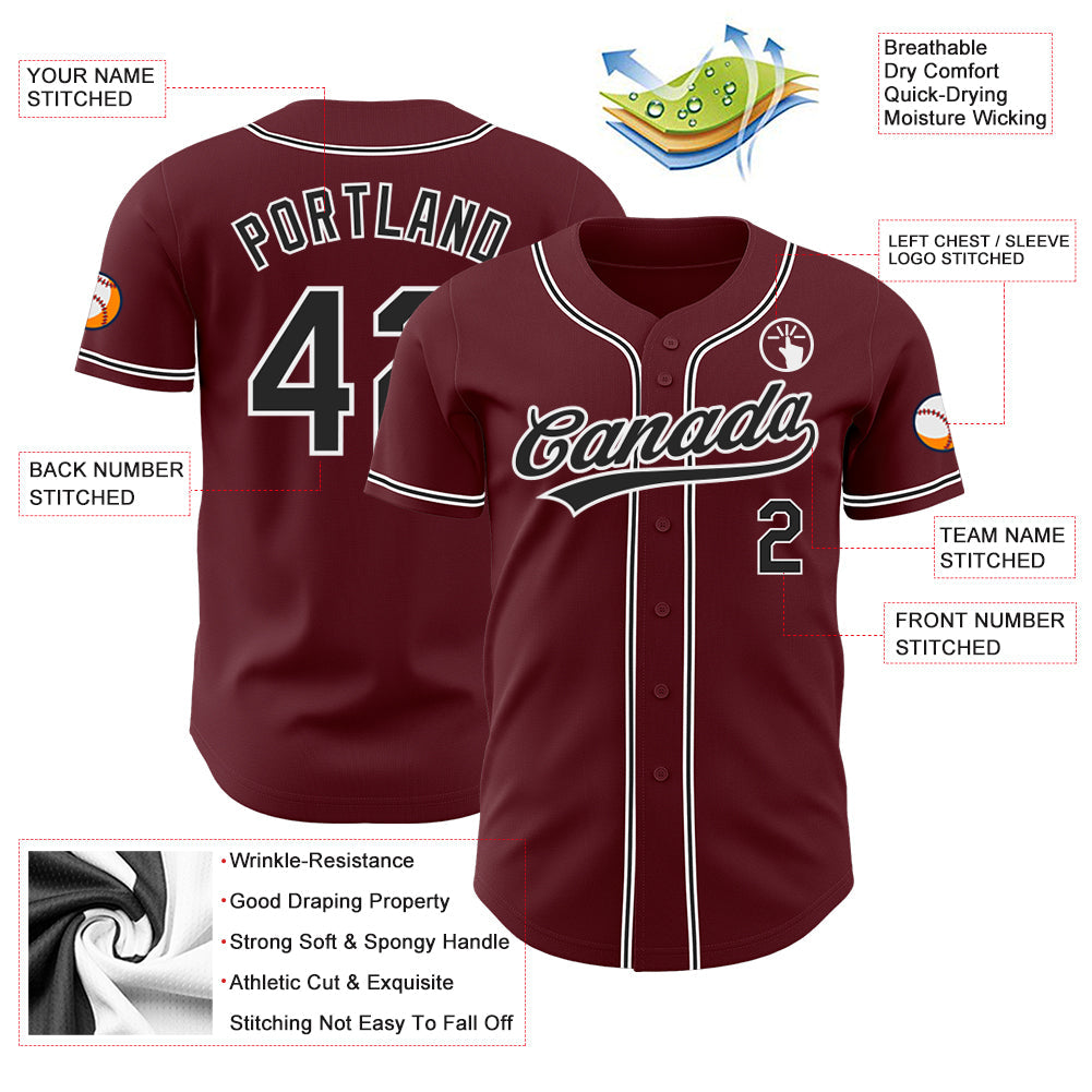 Custom Burgundy Black-White Authentic Baseball Jersey view 3