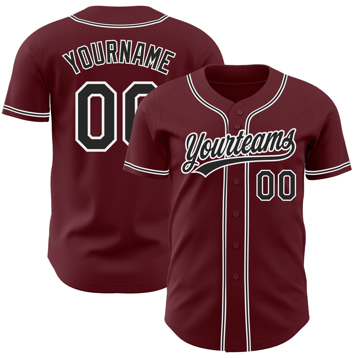 Custom Burgundy Black-White Authentic Baseball Jersey - Main View