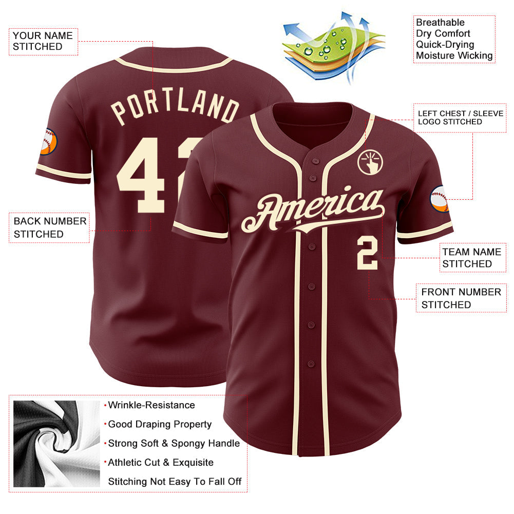 Custom Burgundy Cream Authentic Baseball Jersey view 3