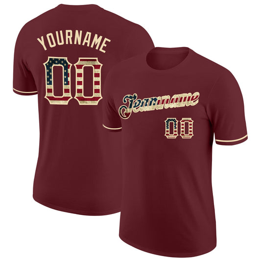 Custom Burgundy Vintage USA Flag-City Cream Performance T-Shirt - Main View