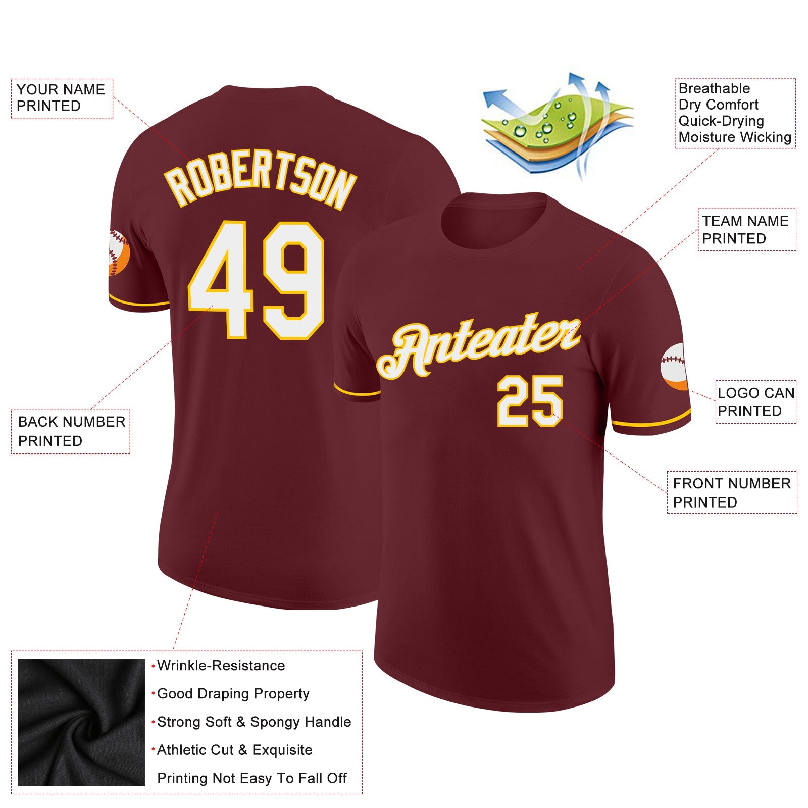 Custom Burgundy White-Yellow Performance T-Shirt view 2