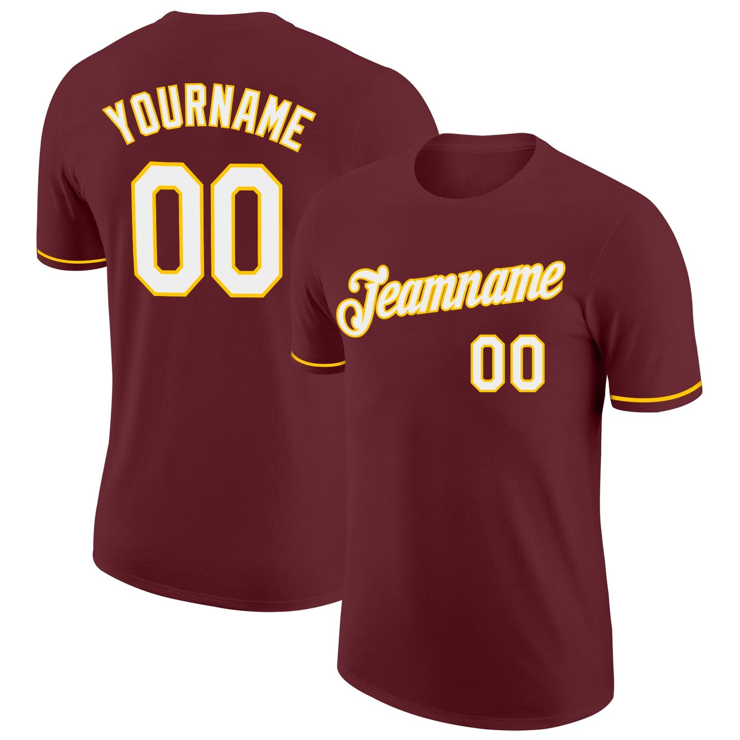 Custom Burgundy White-Yellow Performance T-Shirt - Main View