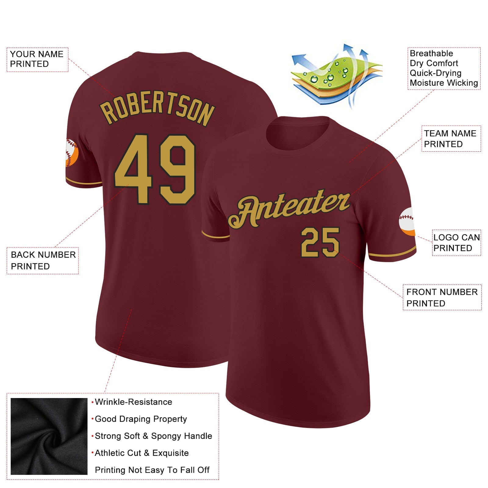 Custom Burgundy Old Gold-Black Performance T-Shirt view 2