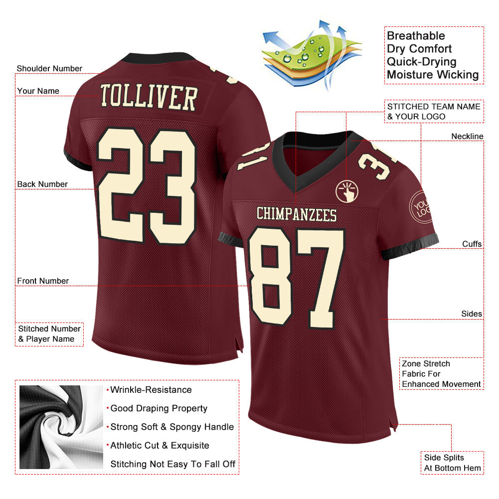Custom Burgundy Cream-Black Mesh Authentic Football Jersey view 2