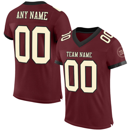 Custom Burgundy Cream-Black Mesh Authentic Football Jersey - Main View