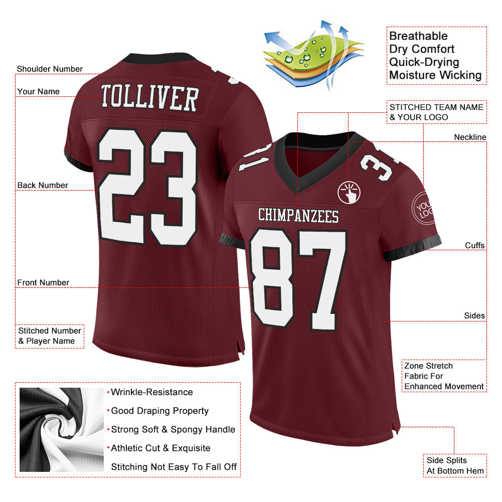 Custom Burgundy White-Black Mesh Authentic Football Jersey view 2