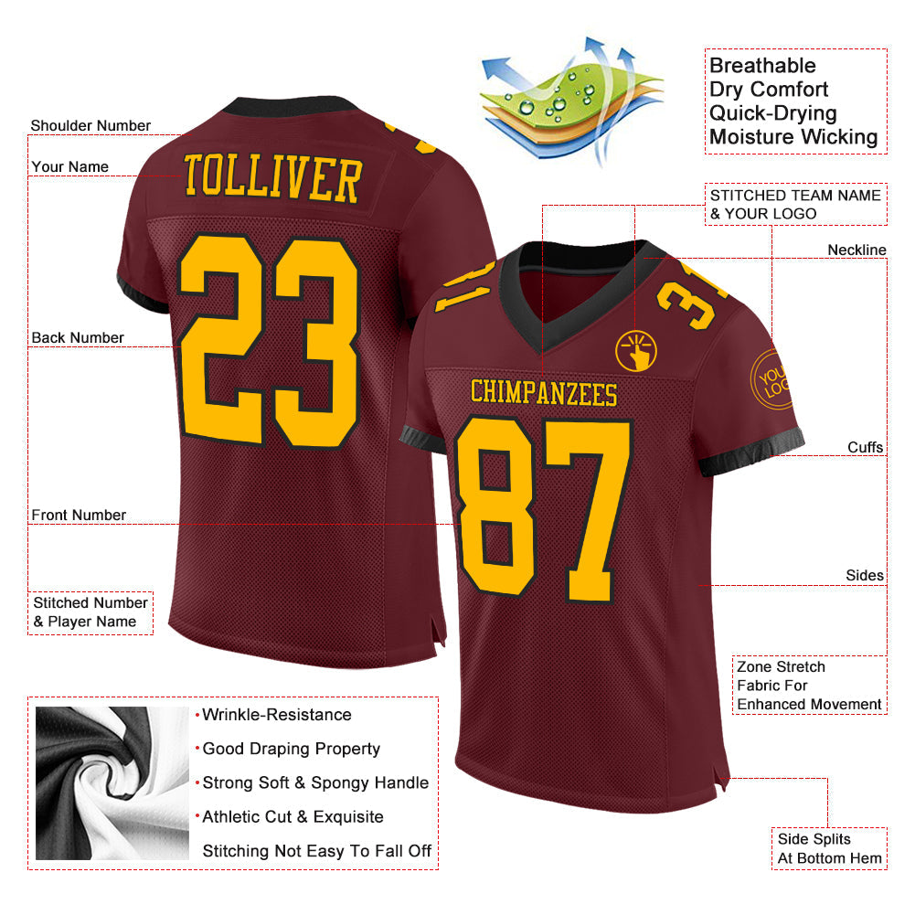 Custom Burgundy Gold-Black Mesh Authentic Football Jersey view 2