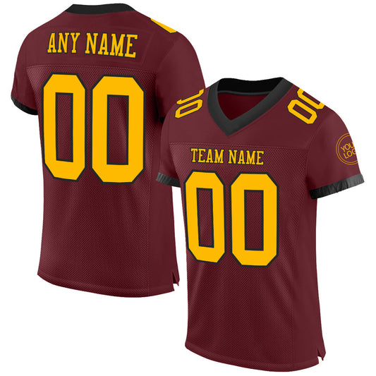 Custom Burgundy Gold-Black Mesh Authentic Football Jersey - Main View