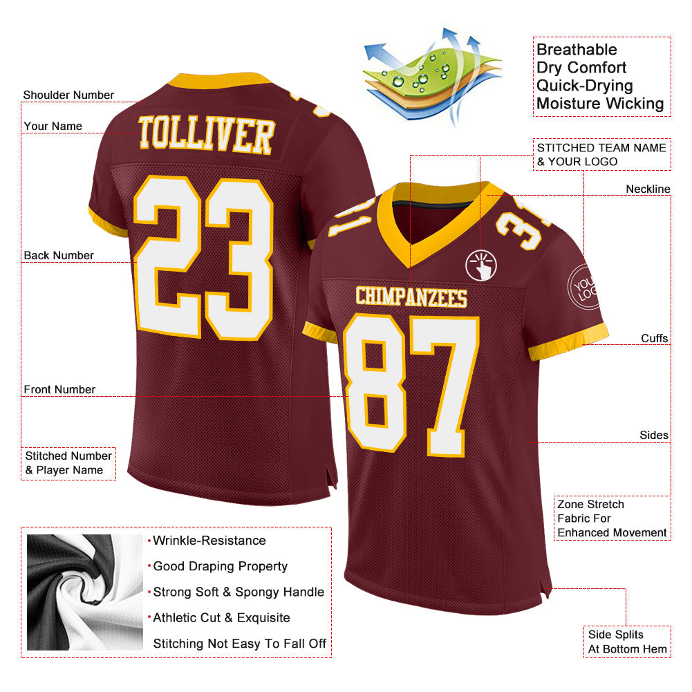 Custom Burgundy White-Gold Mesh Authentic Football Jersey view 2