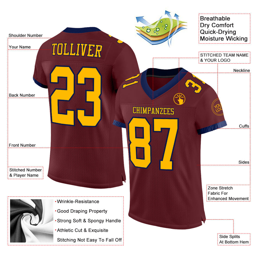 Custom Burgundy Gold-Navy Mesh Authentic Football Jersey view 2