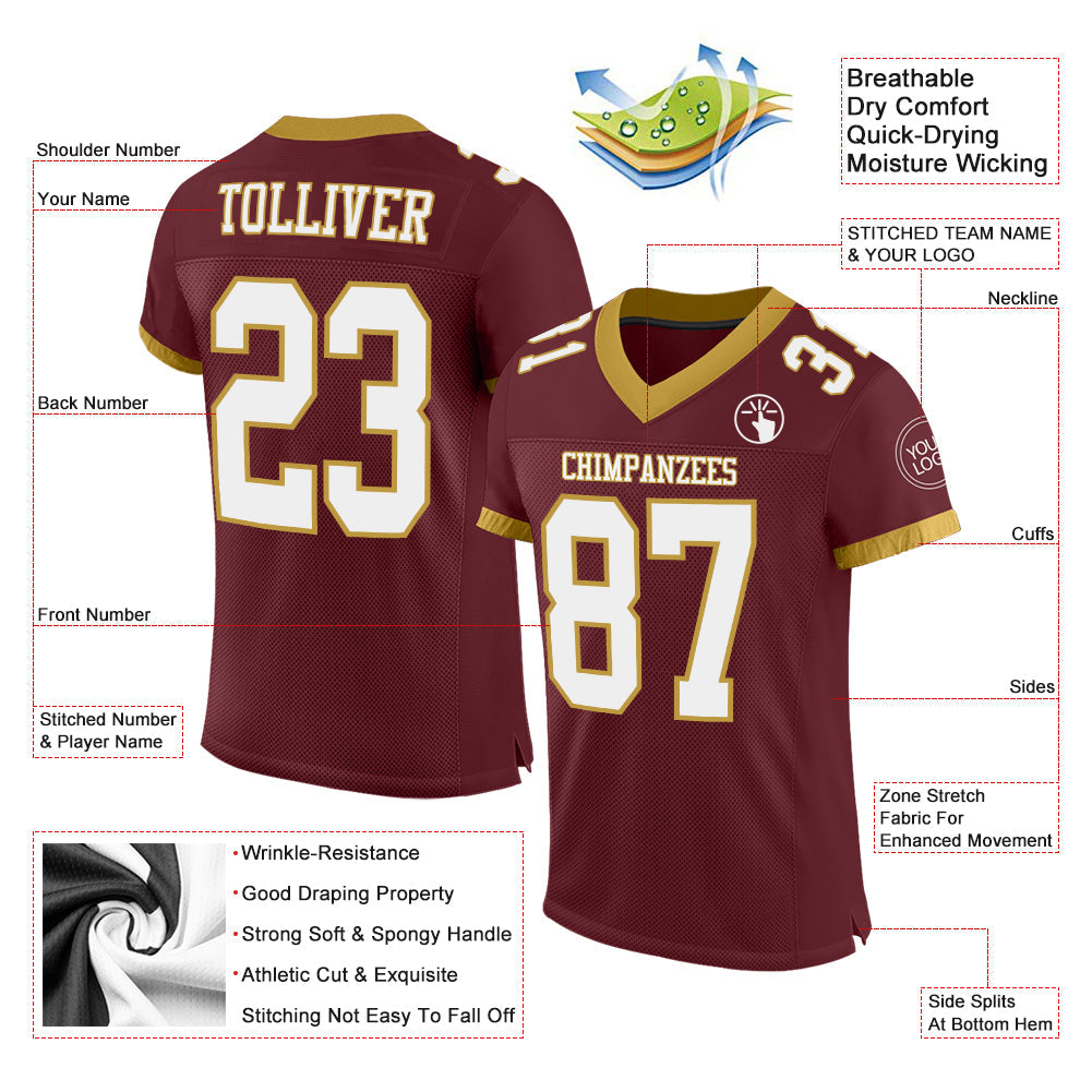 Custom Burgundy White-Old Gold Mesh Authentic Football Jersey view 3