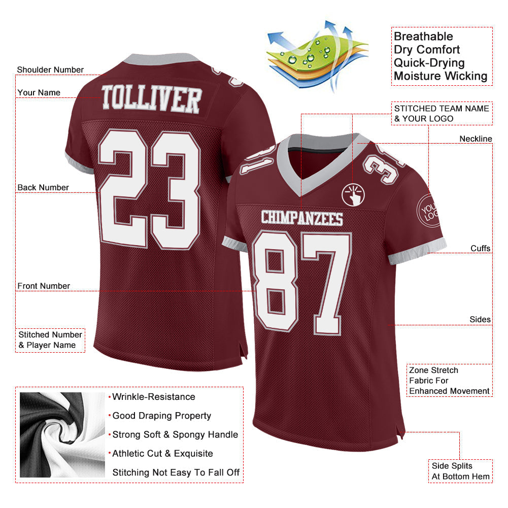 Custom Burgundy White-Gray Mesh Authentic Football Jersey view 2