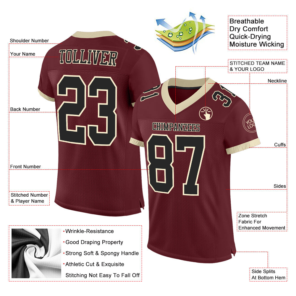 Custom Burgundy Black-Cream Mesh Authentic Football Jersey view 2