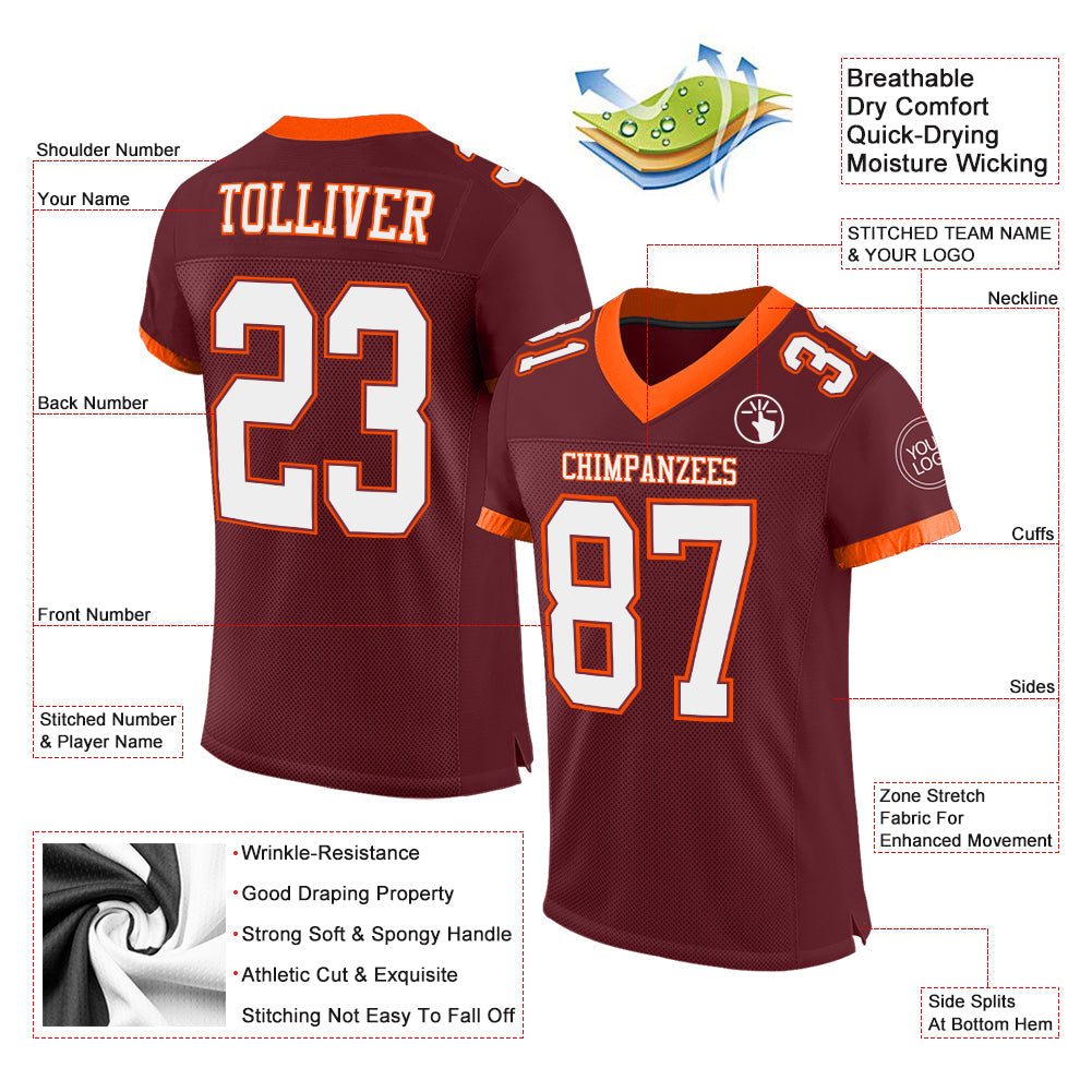 Custom Burgundy White-Orange Mesh Authentic Football Jersey view 2