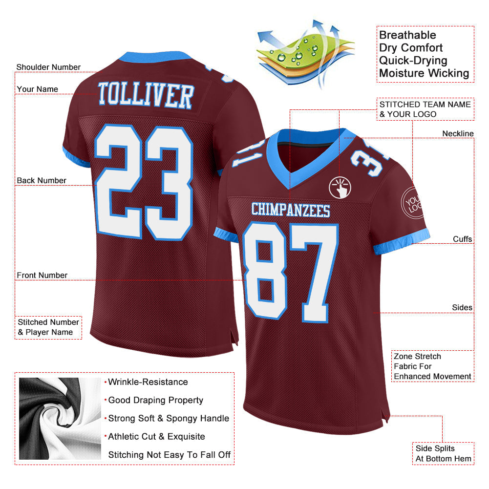Custom Burgundy White-Powder Blue Mesh Authentic Football Jersey view 2
