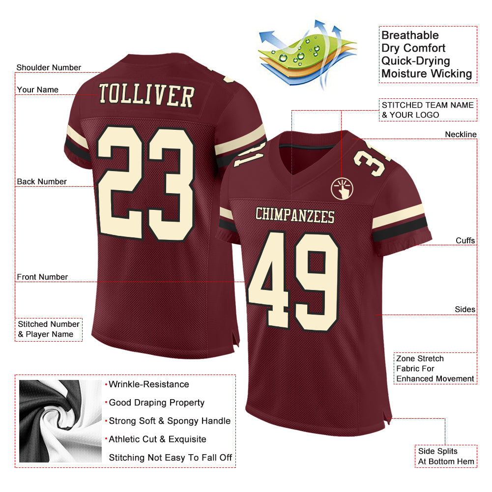 Custom Burgundy Cream-Black Mesh Authentic Football Jersey view 2
