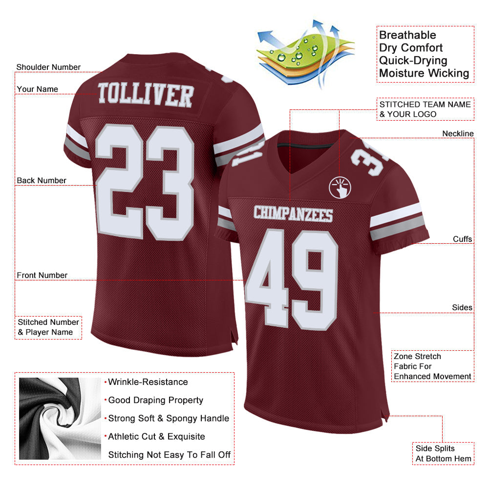 Custom Burgundy White-Gray Mesh Authentic Football Jersey view 2