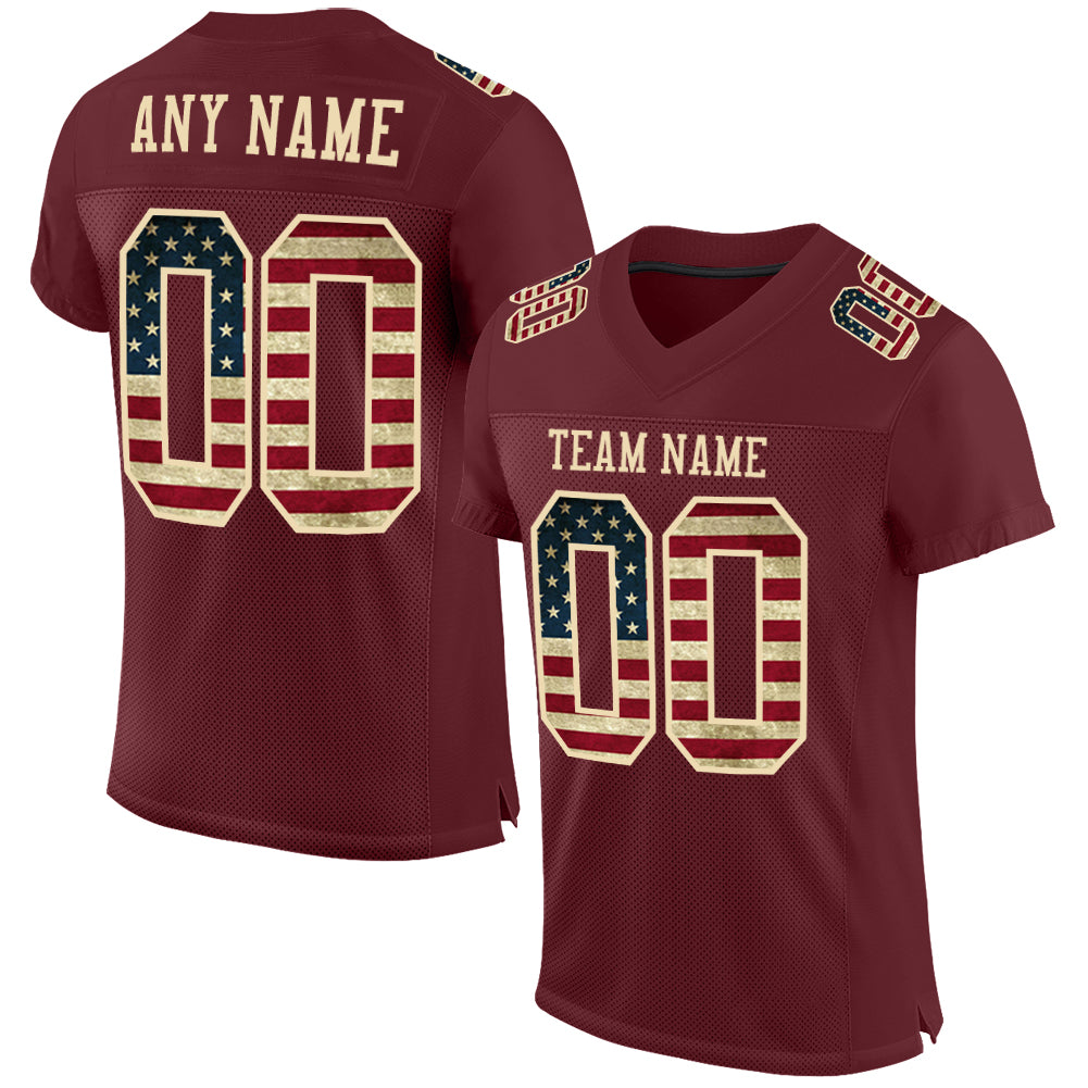 Custom Burgundy Vintage USA Flag-City Cream Mesh Authentic Football Jersey - Main View