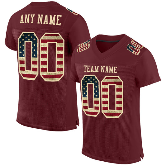Custom Burgundy Vintage USA Flag-City Cream Mesh Authentic Football Jersey - Main View