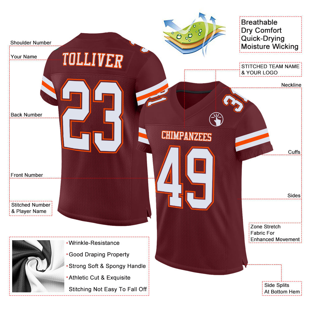 Custom Burgundy White-Orange Mesh Authentic Football Jersey view 2