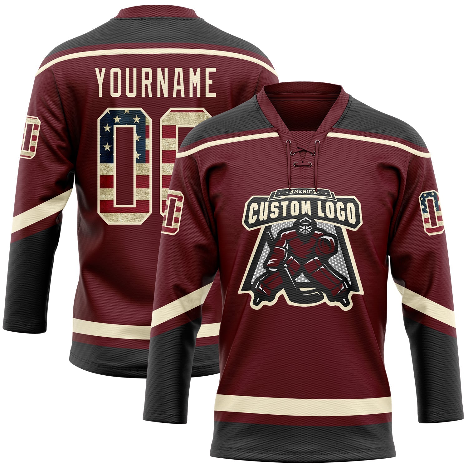 Custom Burgundy Vintage USA Flag Black-Cream Hockey Lace Neck Jersey view 2