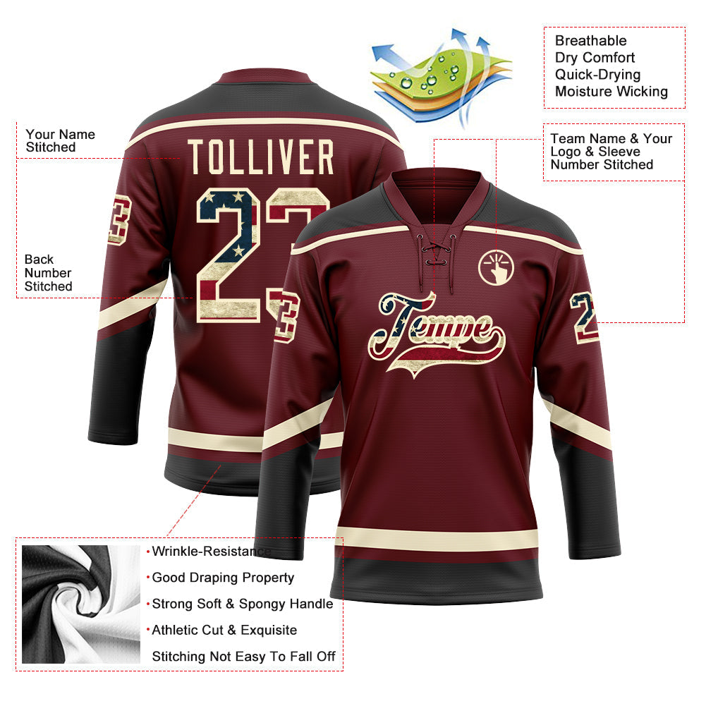 Custom Burgundy Vintage USA Flag Black-Cream Hockey Lace Neck Jersey view 3