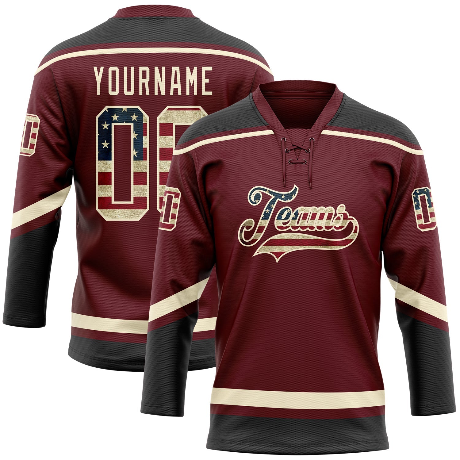 Custom Burgundy Vintage USA Flag Black-Cream Hockey Lace Neck Jersey - Main View
