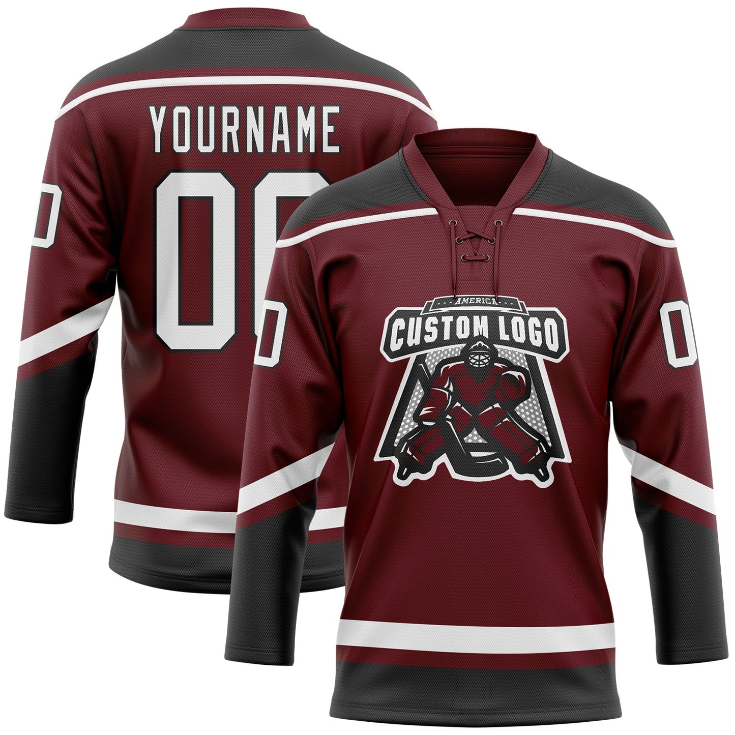 Custom Burgundy White-Black Hockey Lace Neck Jersey view 2