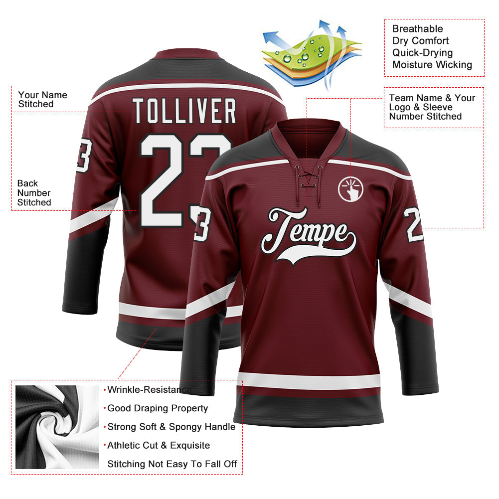 Custom Burgundy White-Black Hockey Lace Neck Jersey view 3
