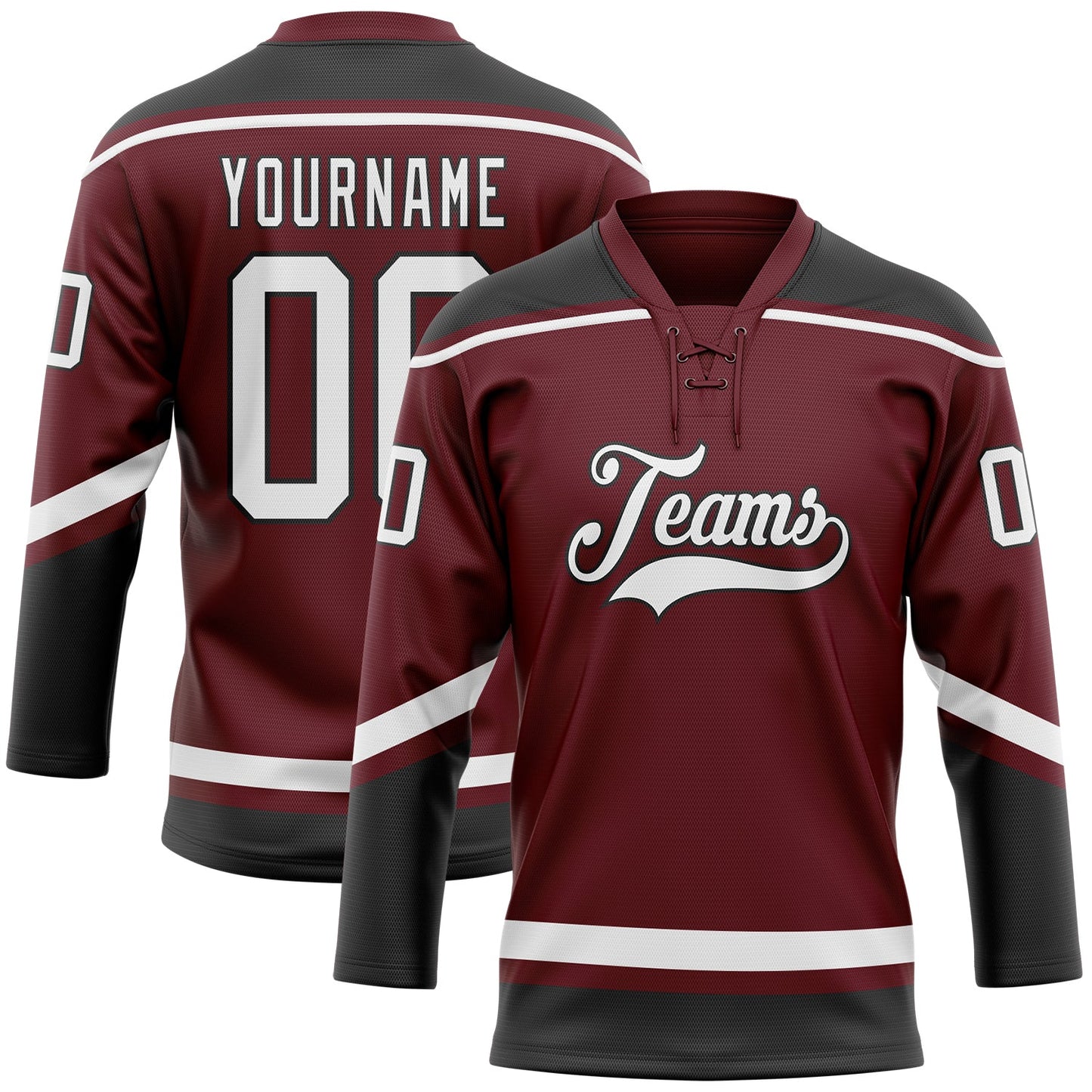 Custom Burgundy White-Black Hockey Lace Neck Jersey - Main View