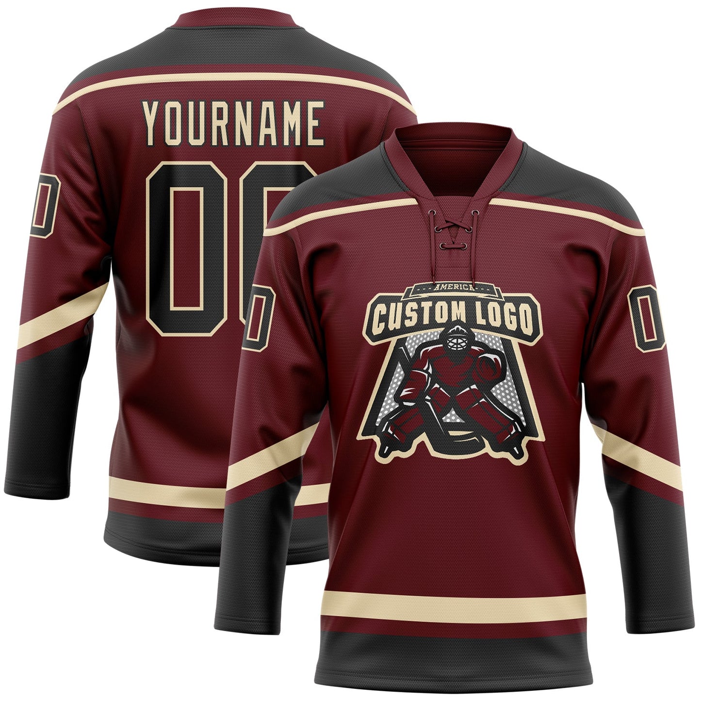 Custom Burgundy Black-City Cream Hockey Lace Neck Jersey view 2
