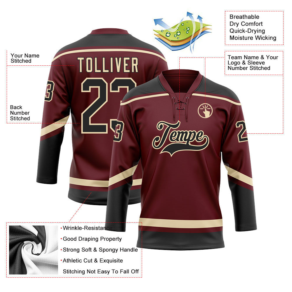 Custom Burgundy Black-City Cream Hockey Lace Neck Jersey view 3