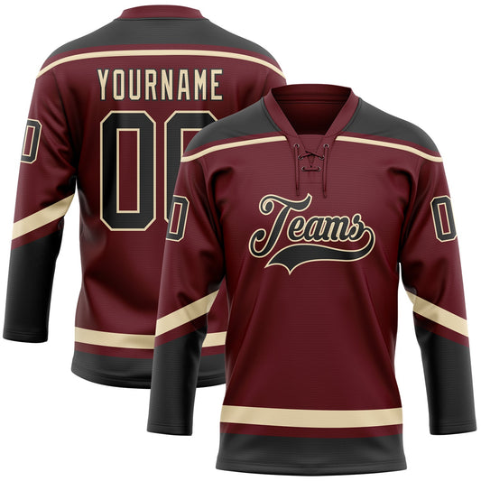 Custom Burgundy Black-City Cream Hockey Lace Neck Jersey - Main View