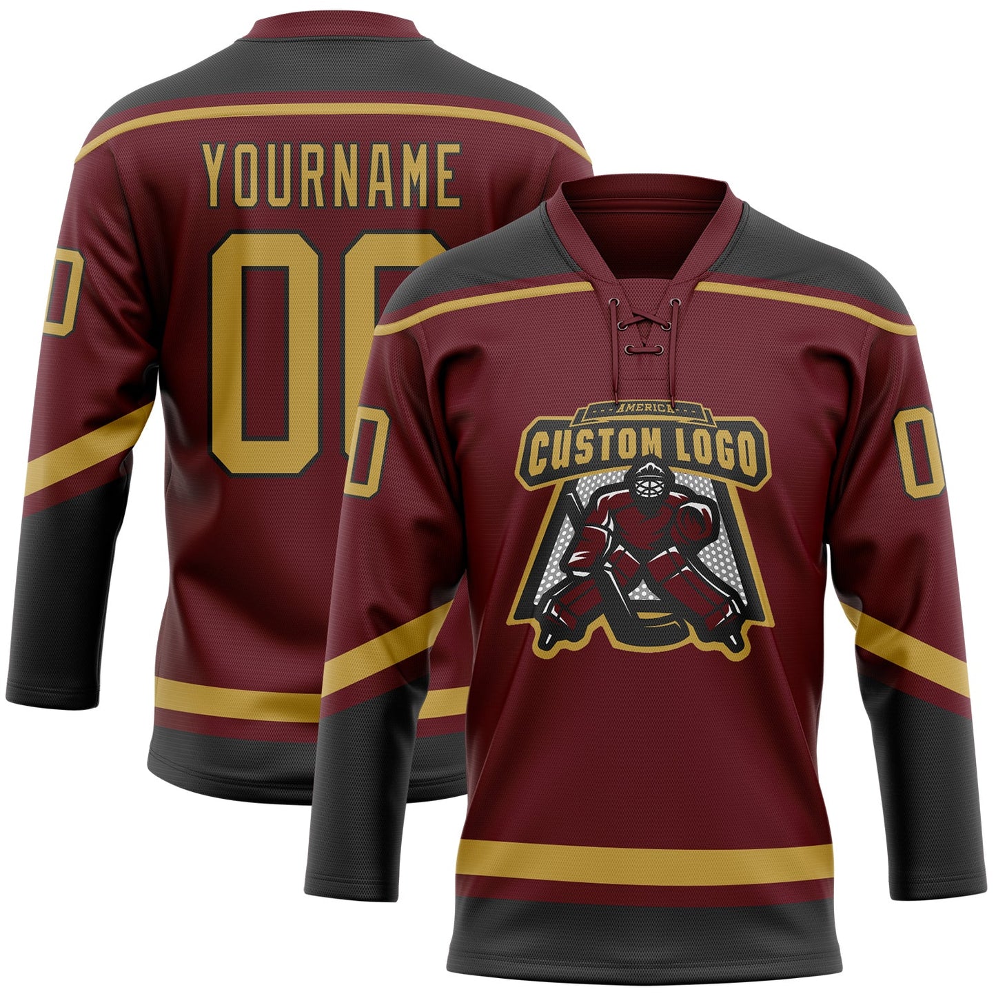 Custom Burgundy Old Gold-Black Hockey Lace Neck Jersey view 2