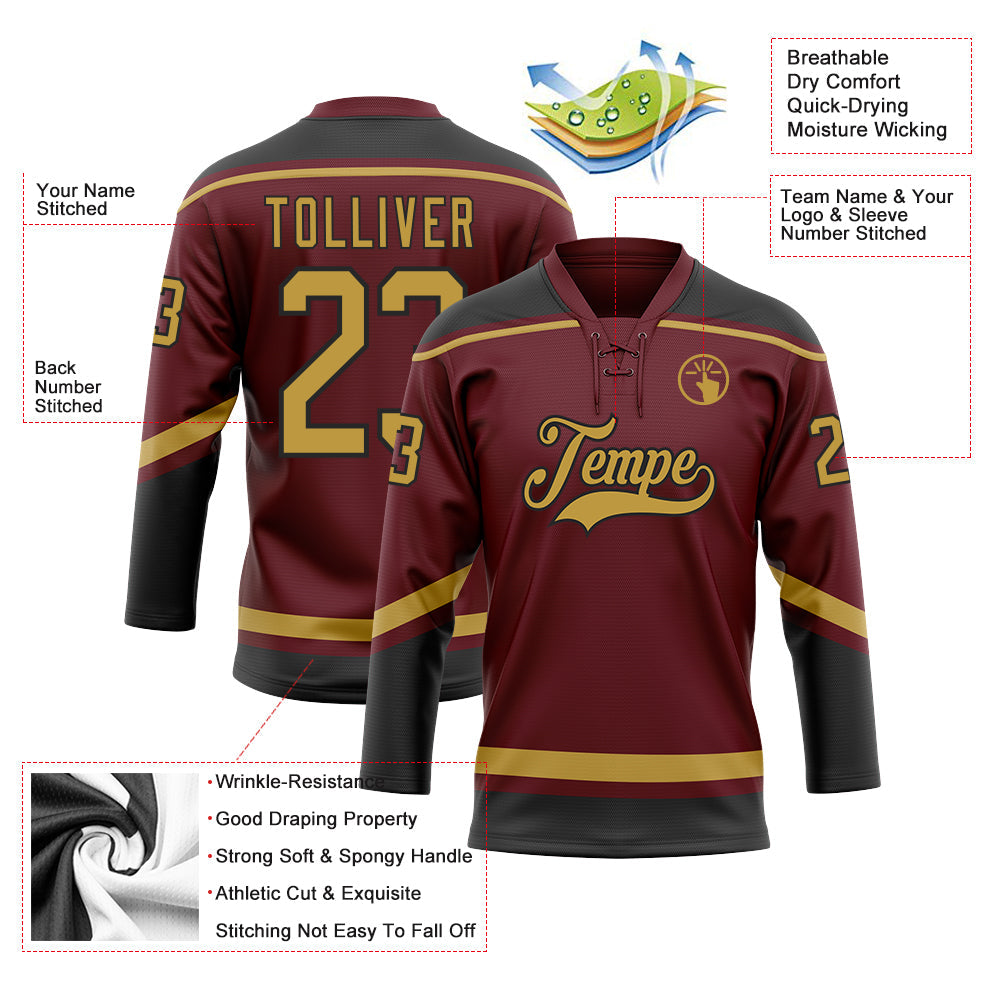 Custom Burgundy Old Gold-Black Hockey Lace Neck Jersey view 3