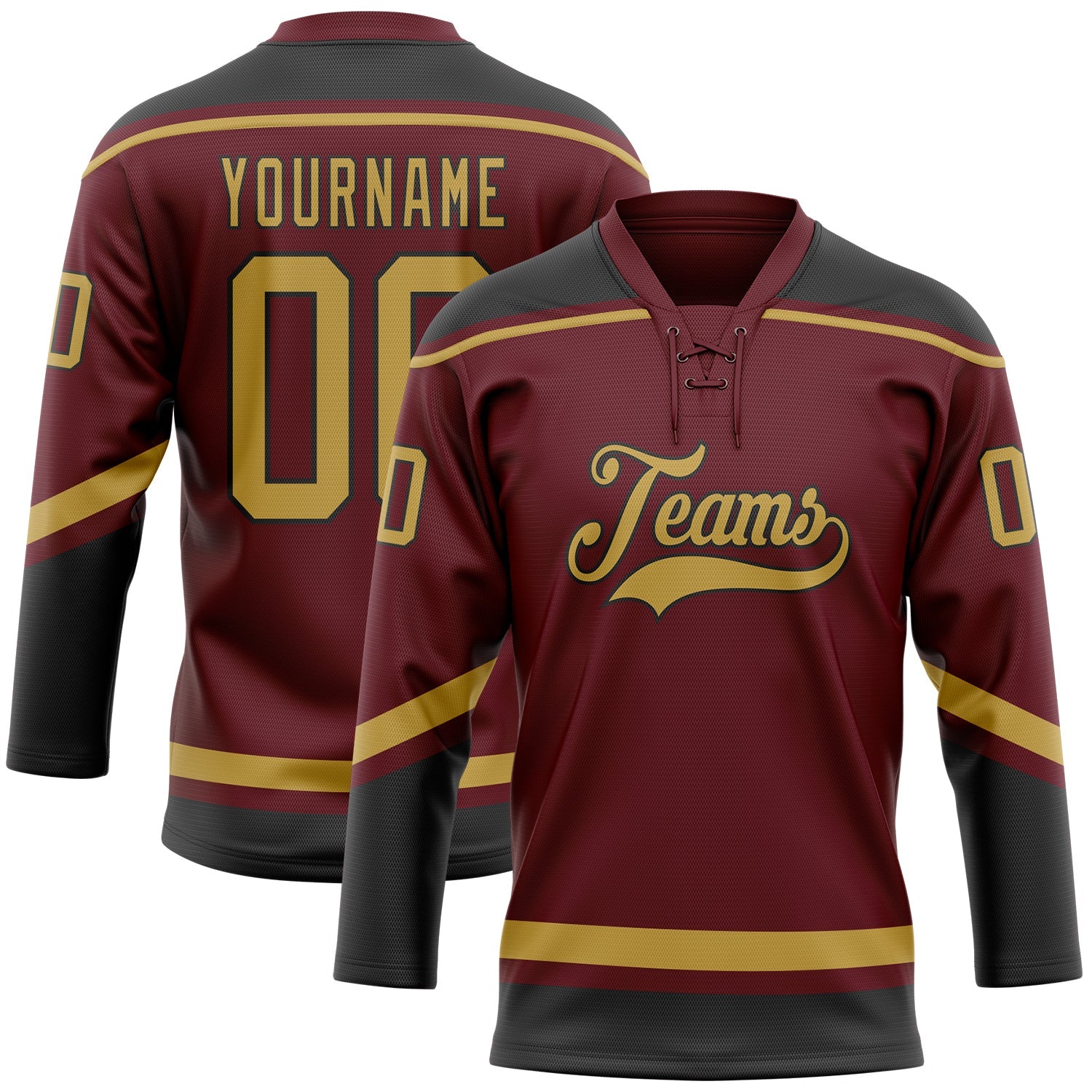 Custom Burgundy Old Gold-Black Hockey Lace Neck Jersey - Main View