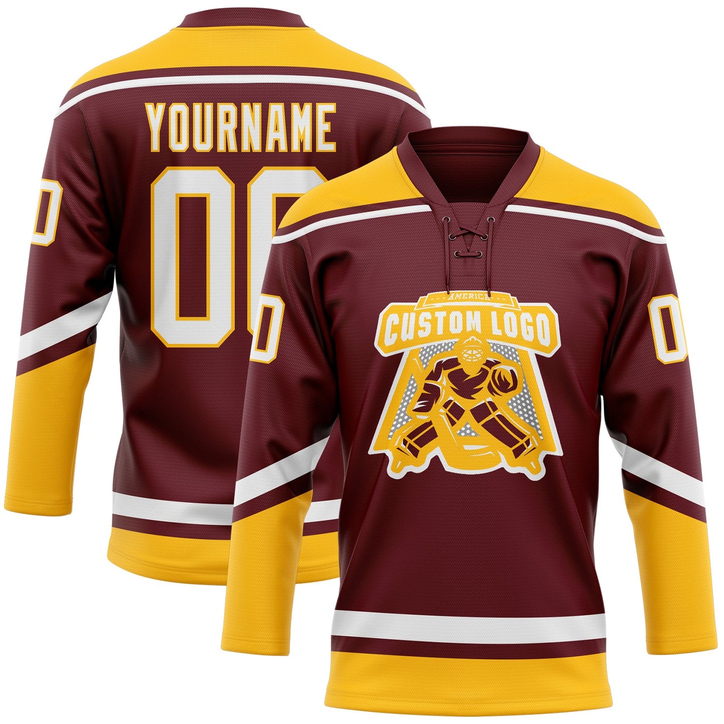 Custom Burgundy White-Gold Hockey Lace Neck Jersey view 2