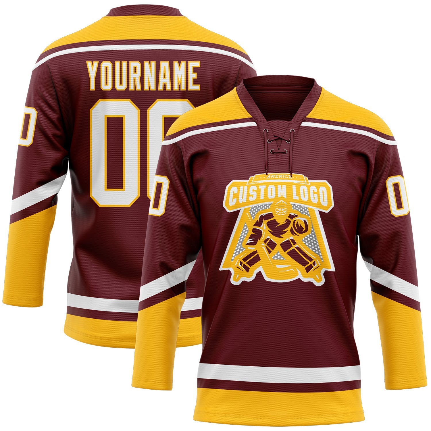 Custom Burgundy White-Gold Hockey Lace Neck Jersey view 2