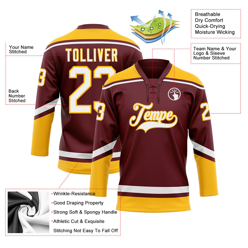 Custom Burgundy White-Gold Hockey Lace Neck Jersey view 3
