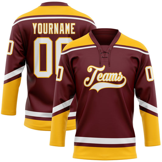 Custom Burgundy White-Gold Hockey Lace Neck Jersey - Main View